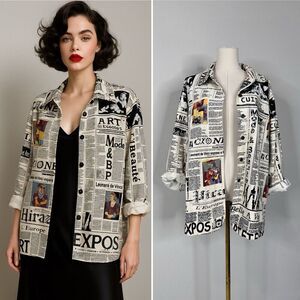 Newspaper Art Print Cotton Shirt Jacket 1X Gaudy Couture Picasso Edgy Statement